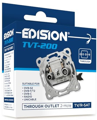 EDISION Antennendose Sat Universal TVT-200, Durchgangsdose TV/R-SAT unterputz 2-loch, geeignet für DVB-S2, Unicable, DVB-T/T2, Kabel DVB-C, RADIO, FM, DAB+, DC-Pass, 2 Ausgänge