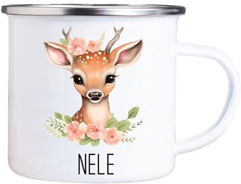 4youDesign Emaille Tasse Kinder personalisiert – Reh Blume – Tier Namenstasse – Geschenk für Jungen & Mädchen – Bruchsicher & Leicht – Geschenkidee zur Einschulung & Geburtstag - 300ml