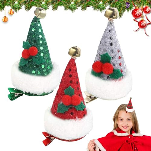 SOETDERT Haarspange Weihnachten, 3 Stück Mini Weihnachtsmütze Haarspange, Glitzer Nikolausmütze Haarschmuck Weihnachten, Weihnachts Hut Haarspangen Haar Accessoires für Mädchen Damen