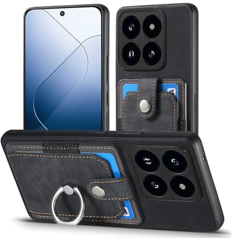 MOJIA Coque pour Xiaomi 14T Pro, Étui Porte-Cartes Ultra Mince, Housse de Téléphone en TPU, Coque Multifonction avec Porte-Cartes et Support d'Anneau. Le Noir