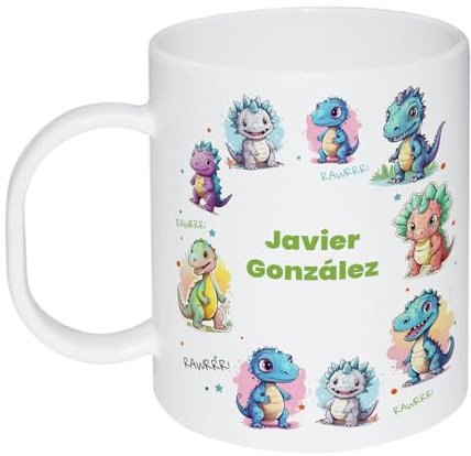 Kembilove Taza personalizada - Taza plastico infantil - Regalos infantiles para el cole - Tazas originales para regalar a niños - Taza plastico personalizada con nombre - Pequeños Dinosaurios