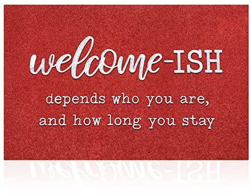 JJUUYOU Door Mats Outdoor Welcome Mat for Front Door Outside Entryway Welcome-ish Funny Doormat Non Slip Rubber Back Rugs Red Low Profile Mats for Entry Patio Shoe Rugs 45 x 75 CM