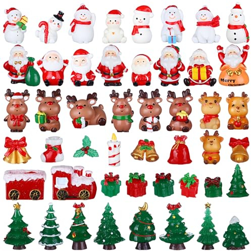 48 Pcs Miniature Christmas Figurines - Desktop Decor, Resin Ornaments, Santa Claus, Snowman, Elk, Tree, Bell, Red Hat Socks