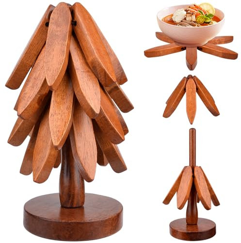 Salvamanteles en Forma de Árbol, Salvamanteles de Madera para Platos Calientes, Juego de Salvamanteles en Forma de Árbol de Navidad, 4 Salvamanteles de Madera + 1 (marrón)