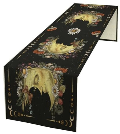 Tischläufer mit Mondmottenpilz, Blumenmuster, saisonaler Frühling, Herbst, Gothic, Tarot-Abendessen, Läufer für Bauernhaus, Party, Urlaub, Zuhause, Küche, Esstisch, Dekoration, 33 x 152,4 cm