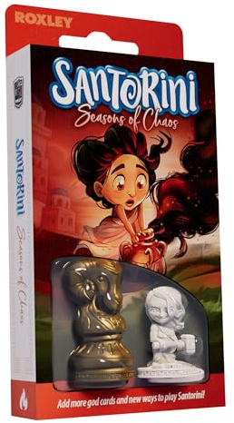 Roxley Games Santorini: Seasons of Chaos – Card Pack Expansion for Santorini Second Edition – 17 New God Cards, Golden Fleece & Worker Minis, Mode Cards & Tokens – Ages 8+ – 2–4 Players