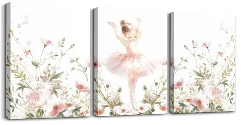 Loussiesd Nette tanzende Prinzessin 3er Poster Set für Schlafzimmer Wohnzimmer Schlafzimmer Ballett Mädchen Moderne Wandbilder Weiß Rosa Kunstdruck Wanddekoration Deko Blume Floral Deko Bilder