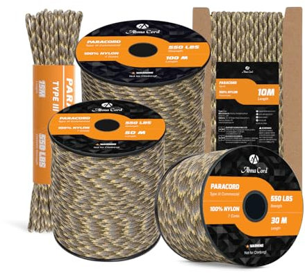 Abma Cord Paracord 550 4mm 10M 100% Nylon Seil Typ III Schnur mit 7 Kern für Basteln, Camping, Survival, Outdoor - Max. 250kg (550lbs) - Woodland Camo