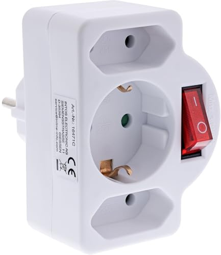 InLine Steckdosenadapter mit Schalter, 2x Euro + 1x Schutzkontaktbuchse, Berührungsschutz, weiß, 16471C