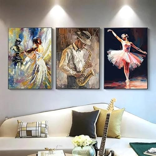 Abstrakte Vintage Musik Poster Öl Jazz Saxophon Violine Gitarre Klavier Poster Leinwand Druck Wand Kunst Poster Wohnzimmer Dekor 40x60cmx3 ohne Rahmen