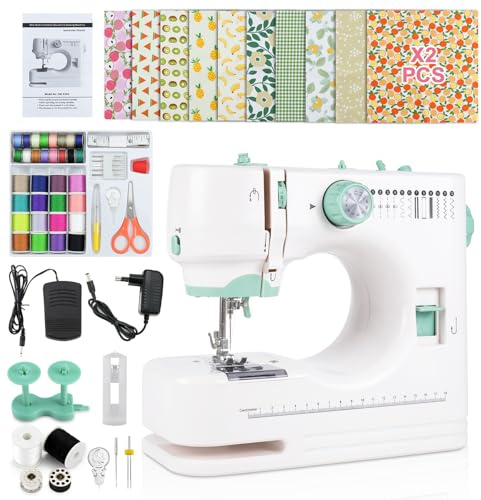 Macchina da Cucire Elettrica Portatile con Piede a Doppio Ago Intercambiabile, 12 Punti Regolabili, Kit Completo con 20 Stoffe Floreali, Pedale & 60+ Accessori per Principianti, Fai da Te