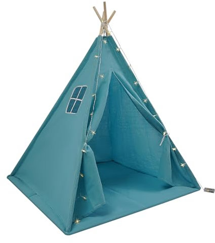 Tipi Zelt für Kinder, Kinderzelt mit Bodenmatte und Lichterkette, Faltbares Spielzelt aus Baumwolle, Spielhaus für drinnen & draußen 120 * 120 * 140cm (Blau)