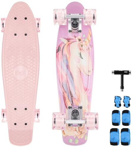 Arrow Board - 22 Zoll Skateboard, KMX Mini Cruiser Skateboard für Kinder, Jugendliche, Junge und Mädchen, Retro Stil Penny Board. LED Leuchtrollen (22 Zoll Einhorn Geschenkset LED-Räder)