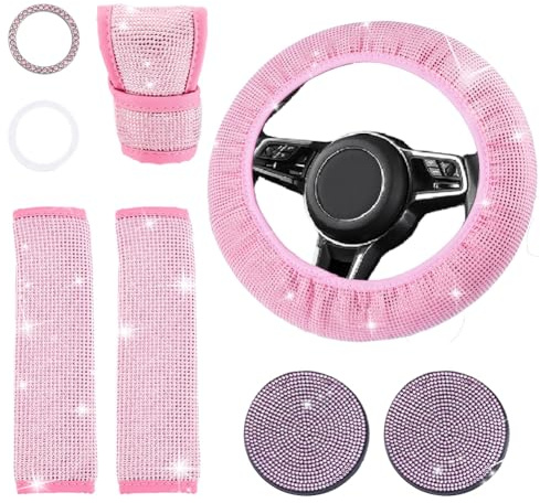 DICOSMETIC Pink Glitzer Auto Accessoires Set Funkelnde Fahrzeugdekoration Strassstein Lenkradbezug Bling Sicherheitsgurtkissen Kristallauto Gangschaltungsabdeckung Glänzende Getränkehalter Untersetzer