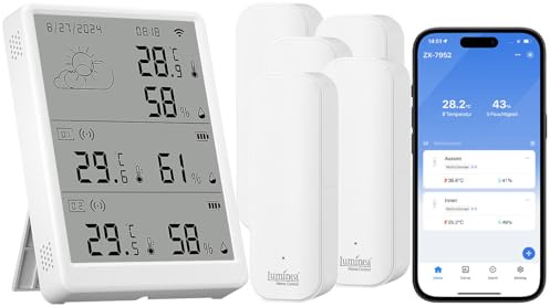 Luminea Home Control Indoor-Hygrometer: WLAN-Temperatur- & Luftfeuchtigkeits-Set mit Display, 5 Sensoren (Heim-Hygrometer-Thermometer, Digital Funk, WC)