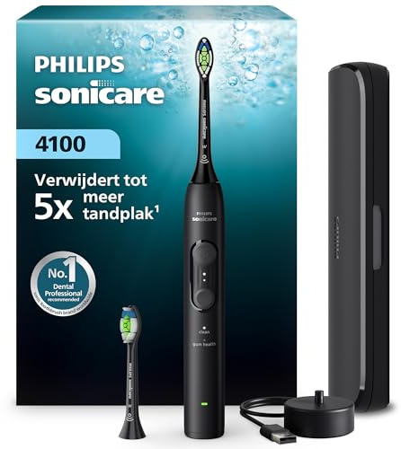 Philips Sonicare série 4100 – Brosse à dents électrique sonique, capteur de pression, 4 réglages, EasyStart, SmarTimer, 21 jours d’autonomie, étui de voyage, coloris noir, modèle HX4044/52, [Nouveau]
