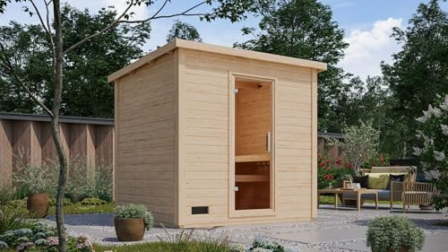 CHILLROI Saunahaus Kaapi 4 Außensaun 38mm Wandstärke in natur oder terragrau mit versch. Saunaöfen (inkl. Ofen 9 kW ext. Strg., naturbelassen)