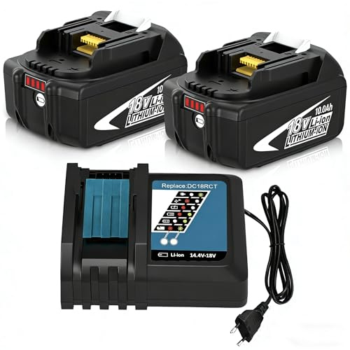 2er Pack 10.0Ah Ersatzakku für Makita Akku 18V +Ladegerät DC18RC für BL1850 BL1860 Akkuschrauber DHP453 Bohrhammer HR265 Sägen DSS610 und mehr Ideal für Heimwerker Baustelle Gartenarbeit Werkstatt