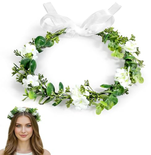 BAUCH Blumenkranz Haarschmuck, 1 Stk, künstliche Blumen & Eukalyptus, verstellbar, für Hochzeit, Kommunion, Festival – Braut, Damen & Mädchen, grün-weiß