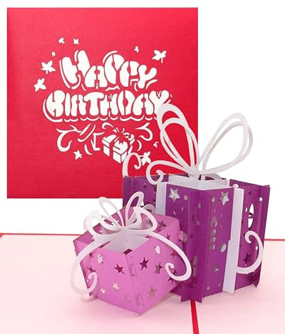 Geburtstagskarte Geschenke - Happy Birthday Rot & Lila - Pop Up Karte, 3D Karte, Pop Up Karten, Karte zum Geburtstag, Glückwunschkarte, Namenstag, Geburt