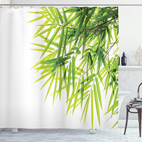 ABAKUHAUS Bambou Rideau de Douche, Feuille de Bambou Paix, Tissu Ensemble de Décor de Salle de Bain avec Crochets, 175 cm x 200 cm, Vert Blanc