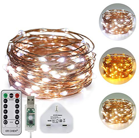 ErChen USB Dual-Color Led String Lights, 33FT 100 Leds Color Changing Dimmable 8 Modes Copper Wire Fairy Lights with Remote Timer for Indoor Outdoor Christmas (Warm White, White)