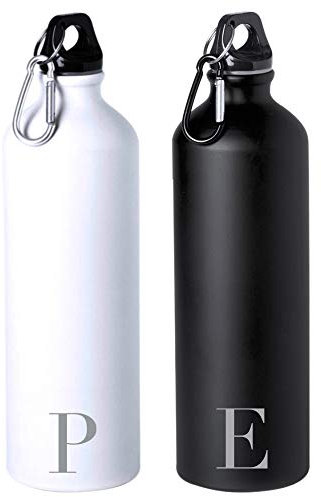 eBuyGB Personalised Metal Water Bottle 800ml Stainless Steel Reusable BPA Free Matt Drinks Bottle with Carabiner Clip - Custom Initial - Use for School, Gym, Outdoor, Yoga & Sports (Black)