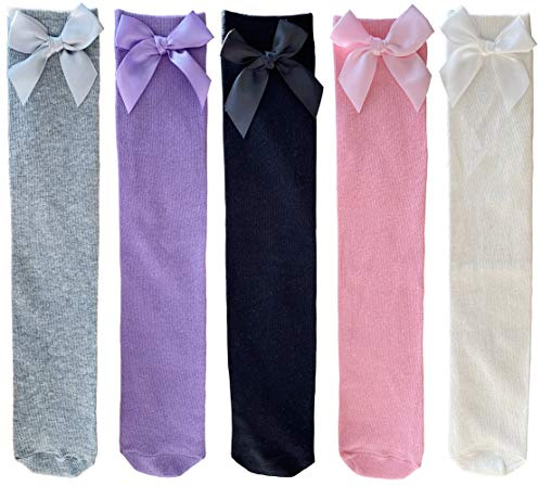 Toptim Little Girl's Knee High Socks Over Calf Kids Overknee Stockings Bow Style 3-12T(Bow1-5Pairs)
