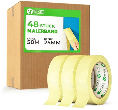V1 TRADE Ruban Masquage Peinture - Ruban Crêpe 25mm x 50m 48 pièces - Imperméable Bande Cache Peinture - pour Peintres, Artistes et Designers – Sans Trace - n'endommage pas la Surface