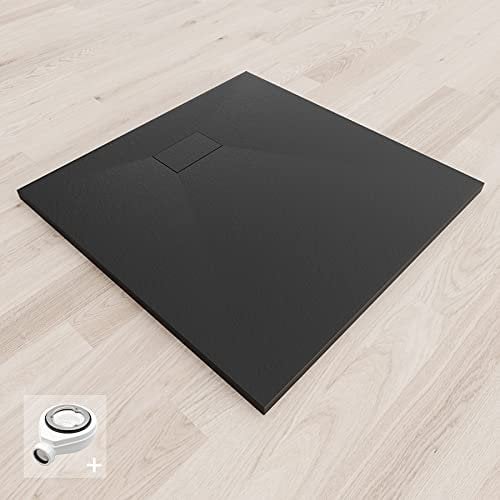 BAYA Receveur de douche extra-plat aspect pierre ardoise Noir 80 x 80 cm + bonde
