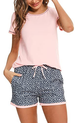 Litherday Pigiama Donna Cotone Estivo Corto Due Pezzi con Maglia Girocollo e Pantaloncini Morbido Leggero da Casa e da Notte Donna Pigiama Corto Donna A-Arancione S