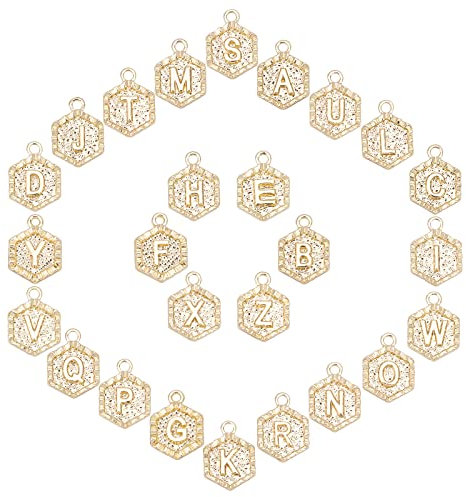 SUNNYCLUE 1 Box 26Pcs Real 18K Gold Plated Hexagon Letter Charms Bulk Alphabet Pendant Charm Jewelry Findings for Bracelet Necklace Wine Glass Charms Jewelry Making Valentine's Day Weddings