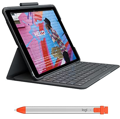Logitech Slim Folio keyboard case for iPad (7th gen - 2019 | 8th gen - 2020 | 9th gen - 2021) Crayon digital pencil for all iPads (2018 releases and later) - QWERTY UK - Graphite