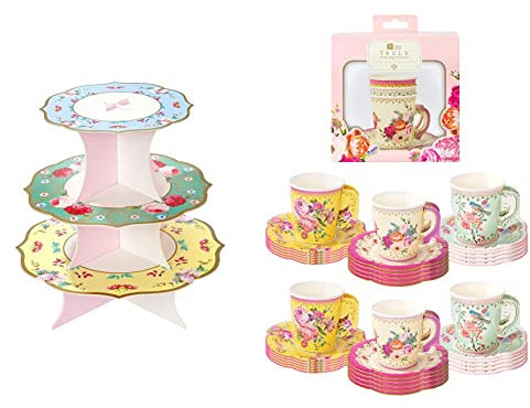 Floral Cake Stand Afternoon Tea Party Decoration | Truly Scrumptious & Pack of 24 Vintage Floral Cup & Saucer Afternoon Tea Set | Truly Scrumptious Disposable Tableware for Birthday or Garden Party