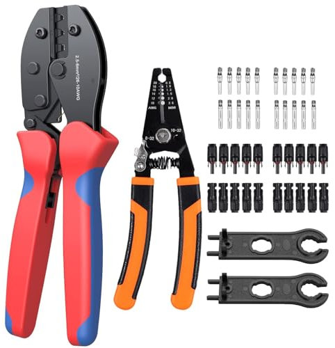 VORXEON Solar Crimping Tool Set with Wire Stripper for 2.5 4.0 6.0 mm² Solar Panel PV Cable with 10 Pairs Male Female Insulated Terminal, 2Pcs Wrench