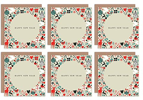 Wee Blue Coo Happy New Year Christmas Holiday Circle Blank Greeting Cards With Envelopes Pack of 6