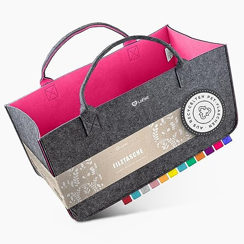 LoFelt® Filztasche, Holzkorb, Brennholzkorb, Kaminholz, aus 100% recyceltem Plastik/Filztasche groß geeignet als Filz Einkaufstasche, Kaminholztasche, Filzkorb, Magenta