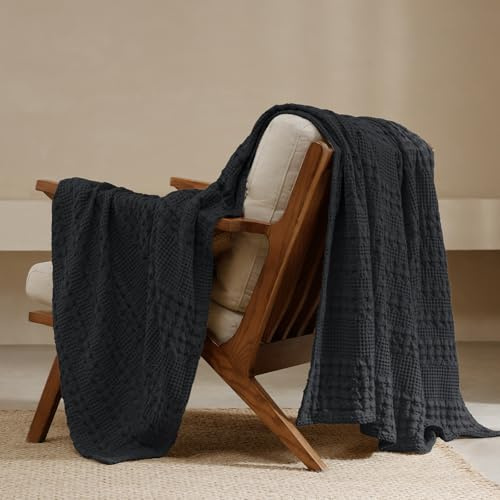 PHF Überwurfdecke aus 100% Baumwolle, Waffelgewebe, gewaschen, weich, leicht, für alle Jahreszeiten, atmungsaktiv und hautfreundlich, für Couch, Bett, Sofa, 127 x 152,4 cm, Schwarz