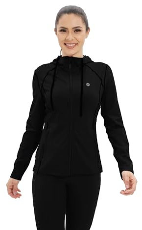 HDTIYUYP Damen-Sportjacke mit LSF – langärmelige Laufjacke mit Kapuze, leicht, durchgehender Reißverschluss, Wanderjacke mit Reißverschlusstaschen, Damen-Trainingsjacke für Damen, Schwarz S