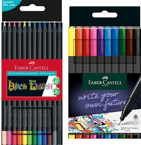 Faber-Castell 116412 - Buntstifte Blackwood, Black Edition, 12er Etui 151610 - GRIP Finepen, Fineliner, mit metallgefasster Faserspitze 0.4 mm, 10er Etui