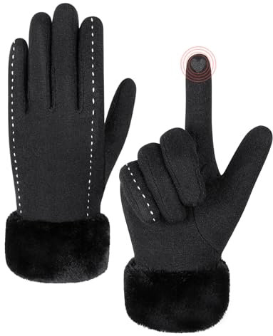 Becellen Elegant Winterhandschuhe, Winddicht Wollhandschuhe Damen mit Kunstfell Besatz Warme Touchscreen Handschuhe für Kaltes Wetter