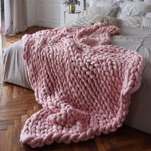 Grobstrick Decke, Kuschelig Warm Strickdecke Mischwurf, Handgefertigt Gewichtet Wolldecke Gestrickt Decke Werfen, für Sofa Bett Sessel Garten (Color : Pink, Size : 80 * 100cm)