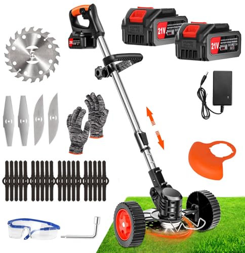 Debroussailleuse Electrique sans Fil 21V, Coupe Bordure sans Fil avec Batterie 4.0Ah et 4 Types de Lames, Débroussailleuses Electrique Batterie pour la Coupe de Jardin, Pelouses et Terres Agricoles