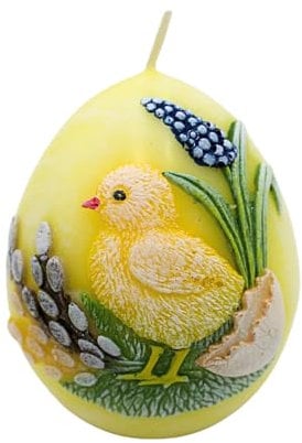 Dekohelden24 Candela pasquale per pulcini, candela d'uovo con applicazione in giallo delicato, dipinta a mano, larghezza x altezza ca. 7 x 10 cm
