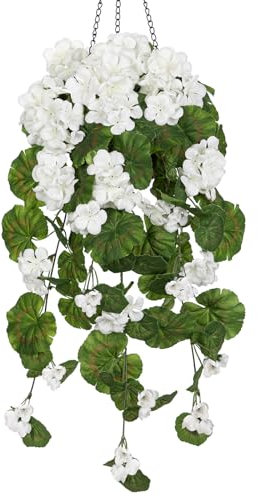 Arborus Artificial Hanging Baskets Artificial Flowers Geranium in Basket Fake Hanging Baskets Flowers Artificial Hanging White Flowers Faux Front Door Plants for Indoors Home Balcony Cafes