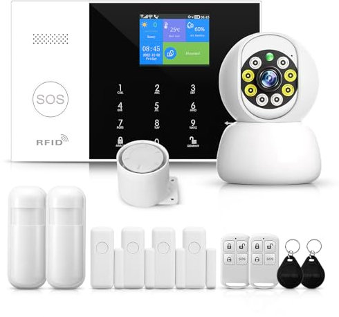 LWOHSI Sistema de Alarma de Seguridad para el hogar con Cmaera, Kit de Alarma WiFi+gsm con Alerta de aplicación de teléfono, Sensor de Puerta/Ventana, Control Remoto para el hogar, apartamento
