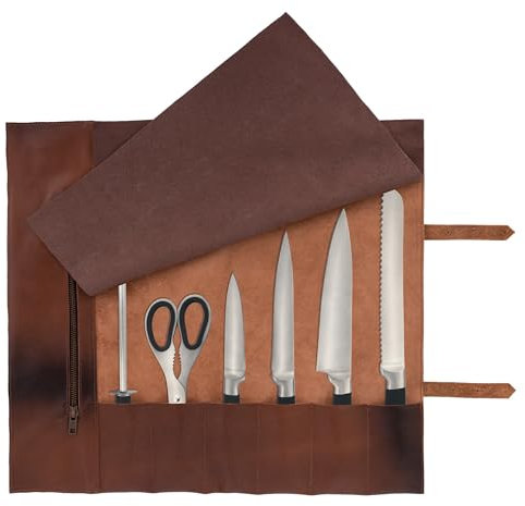 Full Grain Handmade Cognac Brown Leather Knife Storage Roll, Tool Holder, Leather Knife Roll Bag,Handcrafted Chef Birthday Gift, Chef Case Knife Storage Roll(6 Pockets)