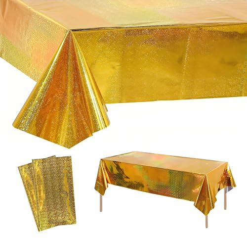 2 Stück Gold Party Tischdecke Glitzer,137 x274cm Rectangle Plastik Tischdecken,Wasserabweisend,Einweg Tischdecke Plastikdeke für Kindergeburtstag,Hochzeitsfeiern,Weihnachten Disco Biene Party Feier