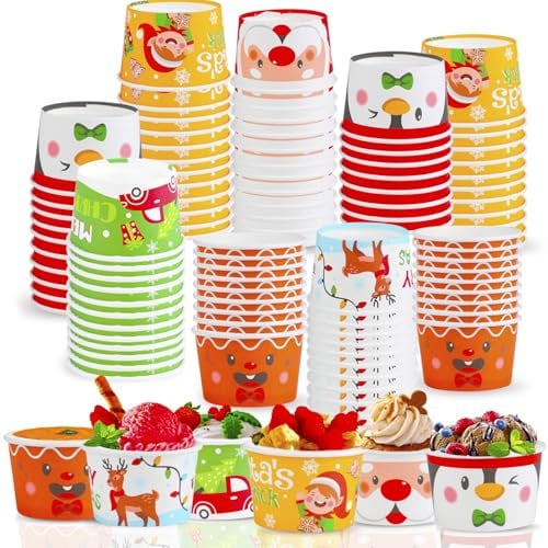 ZALAON Christmas Paper Ice Cream Cups, 60 x 3OZ/100ML Xmas Snack Treat Cups Santa Snowman Disposable Sundae Frozen Yogurt Bowls for Cold Hot Christmas Decorations Party Supplies