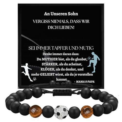 Ahnona - Sohn Geschenk von Mama, Armband Mit Tigerauge, 18. Geburtstag Junge, Etui, Azubi, Leder Armband, Mutmacher (Fußball von Mama & Papa)